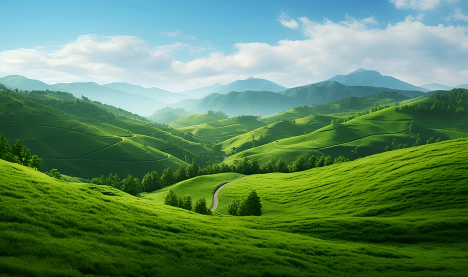 绿色草地 山丘 蓝天白云 远山青山 4K风景壁纸 3840X2304