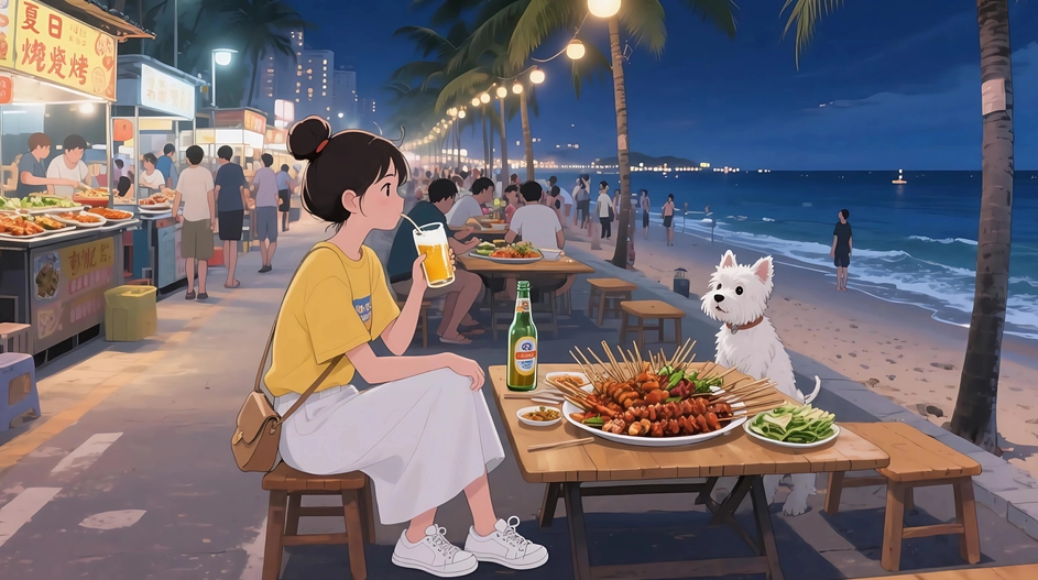 夏夜海边烧烤 女生与宠物狗 4K壁纸 3840X2160 / 2.41 MB