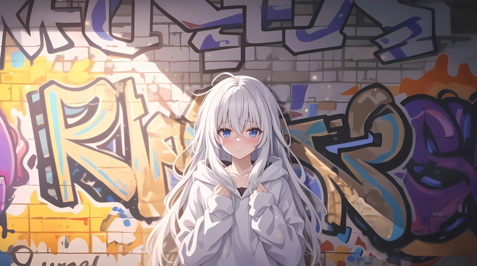 涂鸦墙 女孩 白色长发 4K动漫壁纸 3840X2160 / 2.09MB