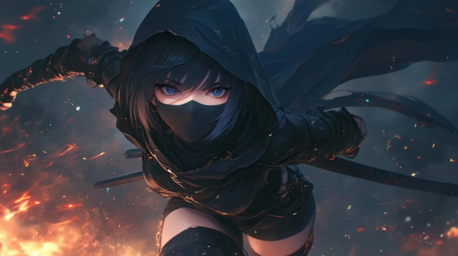 蒙面女侠 蓝瞳 暗黑系 火焰 黑色斗篷 4K动漫壁纸 3840X2160 / 1.62MB