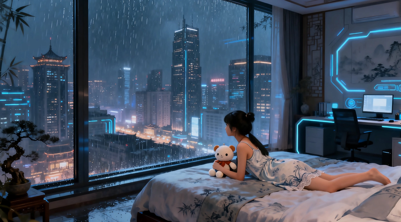 赛博朋克 房间 小女孩 落地玻璃窗 雨夜 4k壁纸 3840X2160 / 2.61 MB